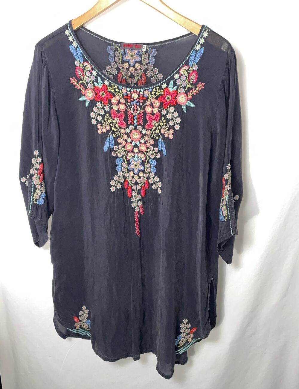 Johnny Was Embroidered Georgette Tunic Blouse in Charcoal - Women's Size M